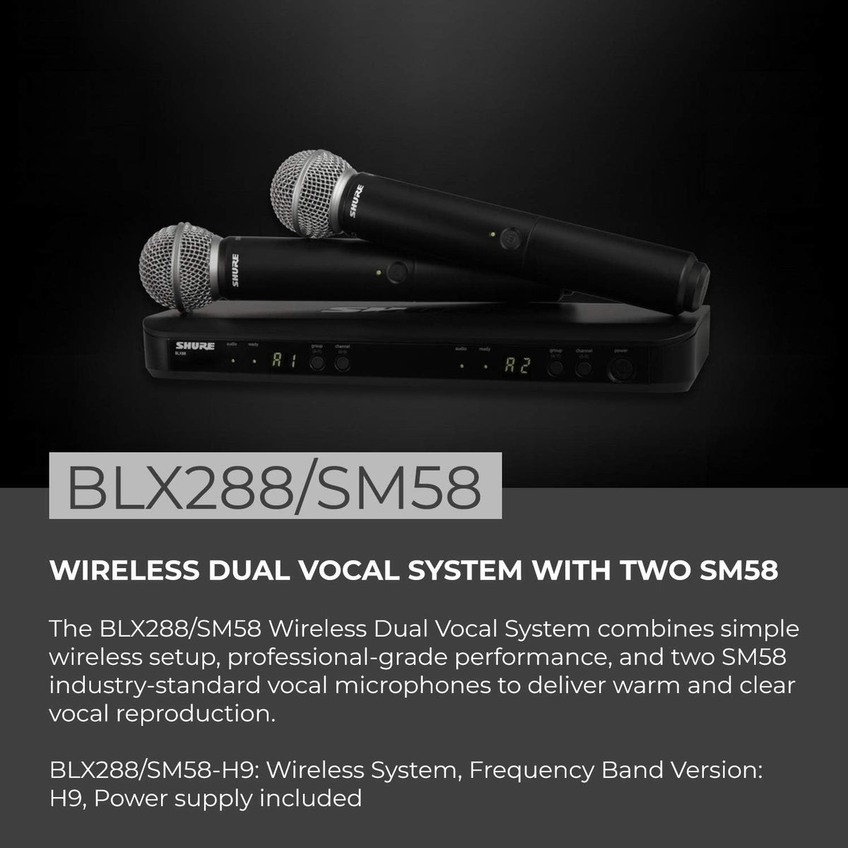 Shure BLX288/SM58 Dual-Channel Wireless Audio System H9 Band (512–542 MHz) – BLX88 Receiver, (2) BLX2 Transmitters with SM58 Dynamic Mic, Up to 14 Hr Battery, 300 ft Range