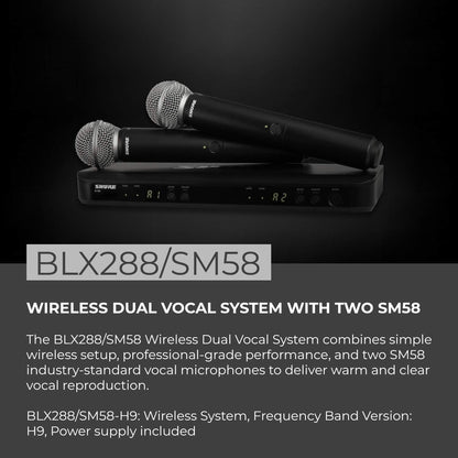 Shure BLX288/SM58 Dual-Channel Wireless Audio System H9 Band (512–542 MHz) – BLX88 Receiver, (2) BLX2 Transmitters with SM58 Dynamic Mic, Up to 14 Hr Battery, 300 ft Range