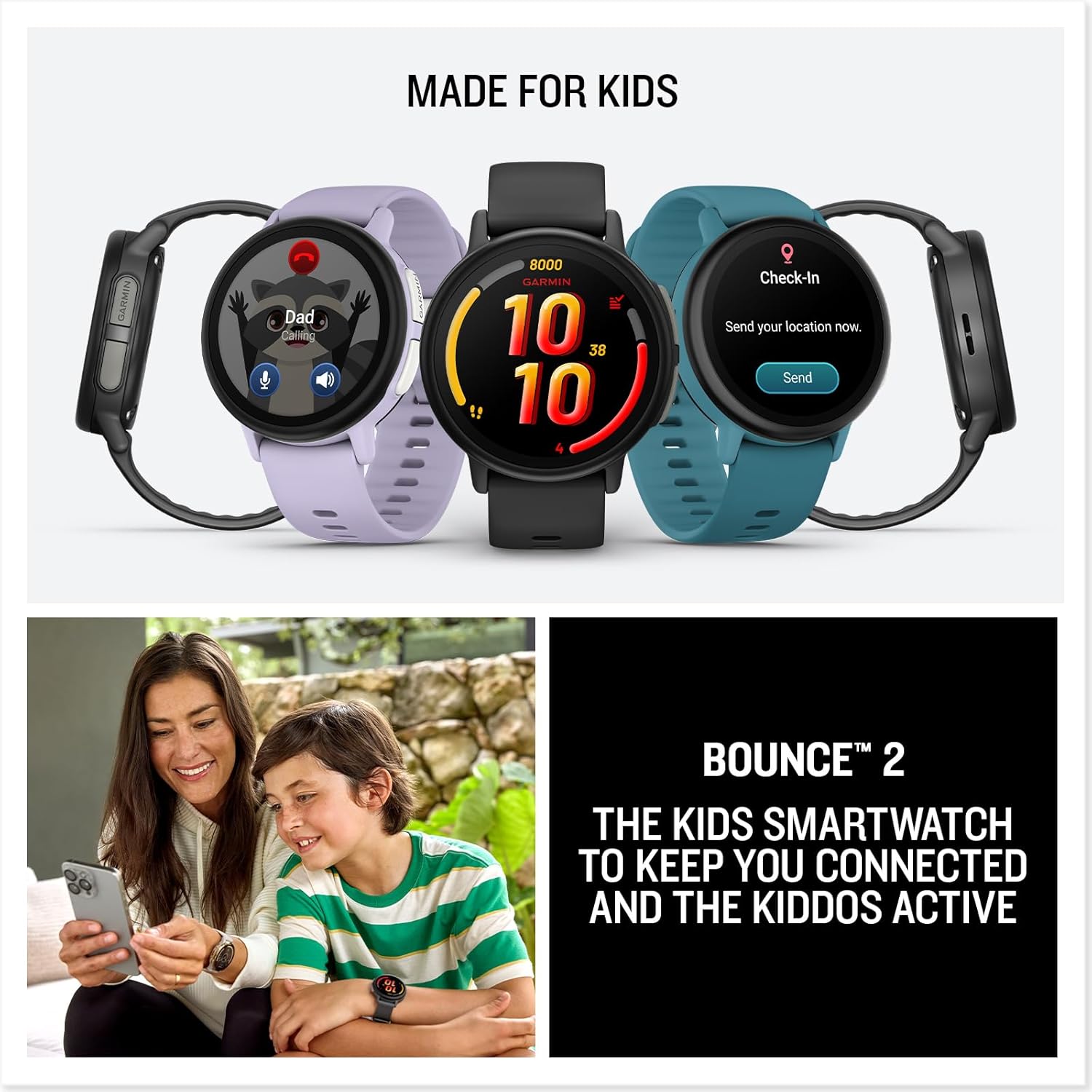 Garmin Bounce™ 2, Kids Smartwatch, Calling & Texting, 43mm, Turquoise | Two-Way Calling, Voice Messaging, Text Messaging, Real-Time Location Tracking, Active Subsciption Required for LTE Features
