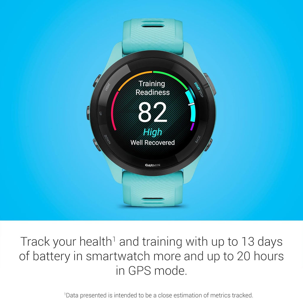 Garmin Forerunner® 265, Running Smartwatch, 46mm, Aqua/Black | Advanced Training Metrics & Recovery Insights, Music On Your Wrist, Garmin Coach, Daily Suggested Workouts