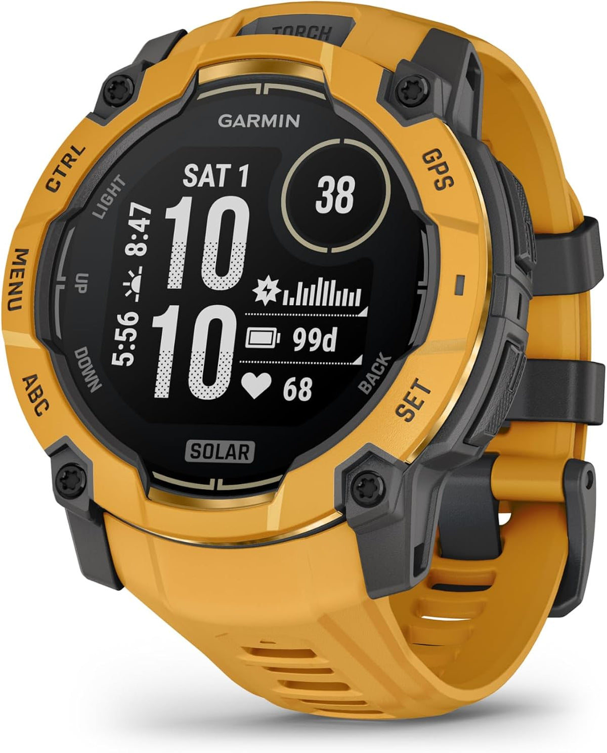 Garmin Instinct® 3 – 50 mm, Solar, Rugged Outdoor GPS Smartwatch, Built-in Flashlight, Alpine Rush Collection Limited Edition Color, Sunburst with Sunburst/Gray Band