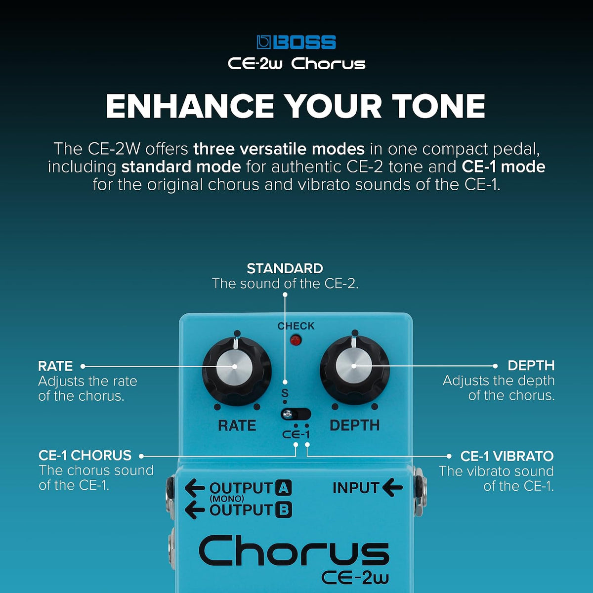 BOSS CE-2W Chorus Premium Waza Craft Guitar Effect Pedal with Analog Circuitry
