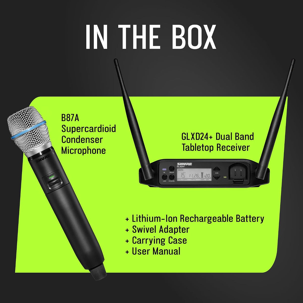 Shure GLXD24+/B87A Dual Band Pro Digital Wireless Microphone System – 12-Hour Battery, 100ft Range with BETA 87A Handheld Vocal Mic & Single Channel Receiver