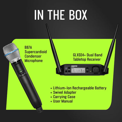 Shure GLXD24+/B87A Dual Band Pro Digital Wireless Microphone System – 12-Hour Battery, 100ft Range with BETA 87A Handheld Vocal Mic & Single Channel Receiver