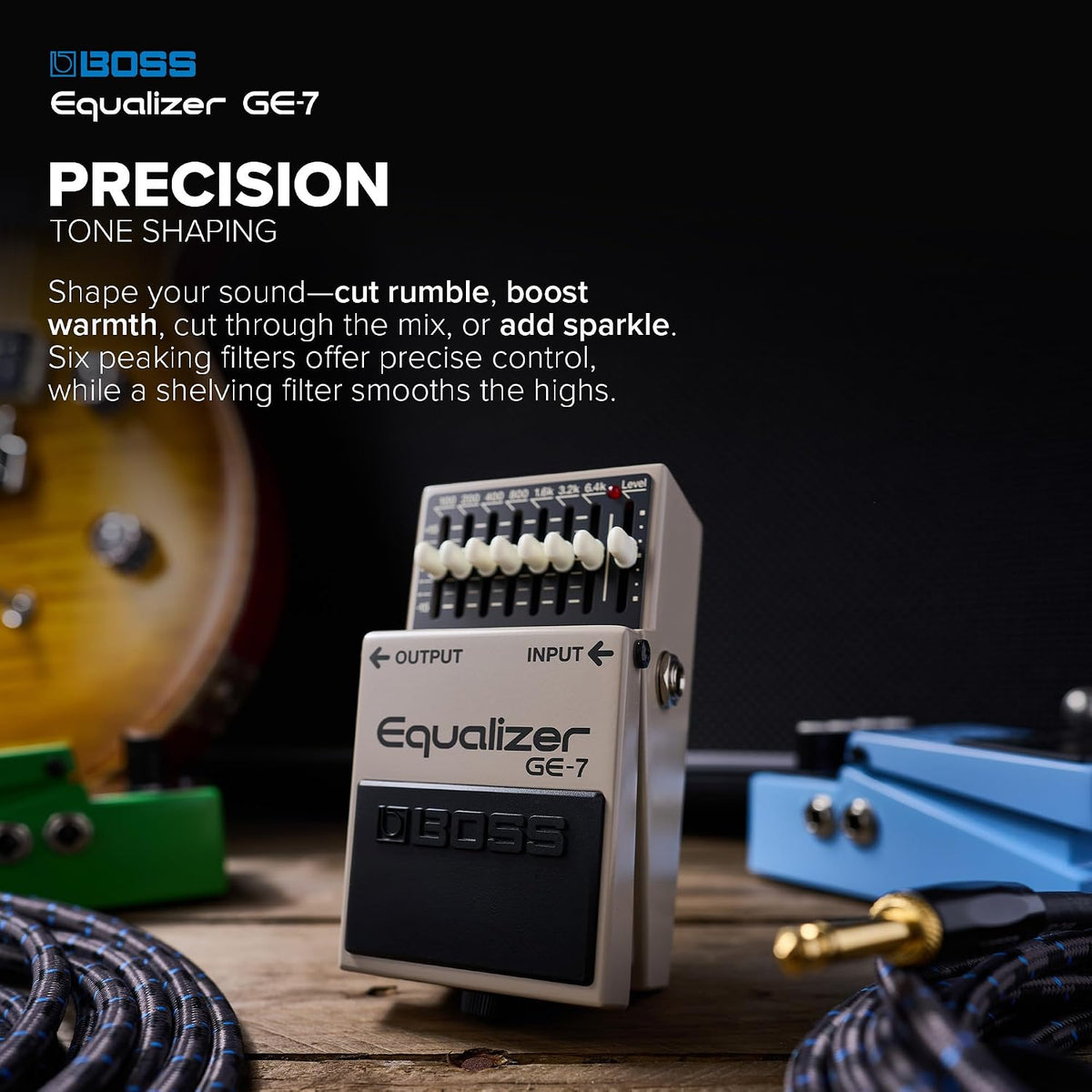 BOSS GE-7 Equalizer | Compact Graphic Equalizer Pedal | Tailored for Guitarists | 7 Bands of EQ Sliders | Guitar-Optimized Frequencies | ±15dB Boost/Cut Per Band | Level Slider for Volume Adjustments