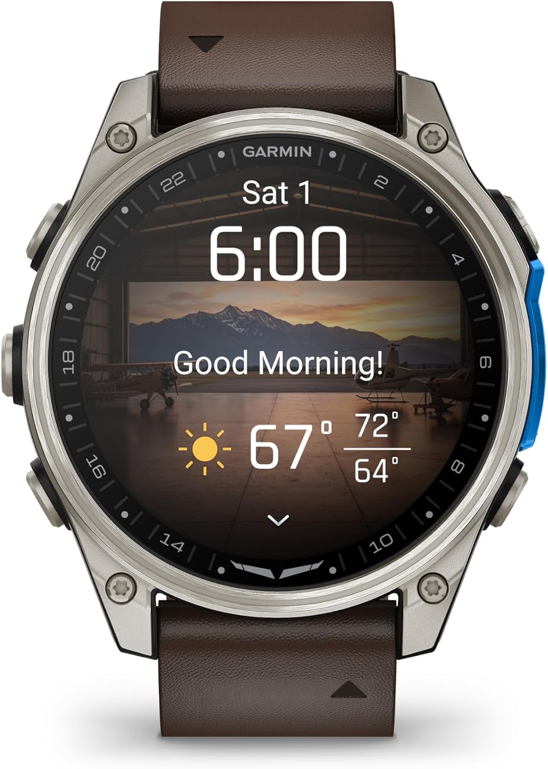 Garmin D2™ Mach 2 – 47 mm, Premium Aviator Smartwatch with GPS, Advanced Flight Maps, LED Flashlight, Built-in Microphone/Speaker for Calls and Texts, Titanium with Oxford Brown Leather Band