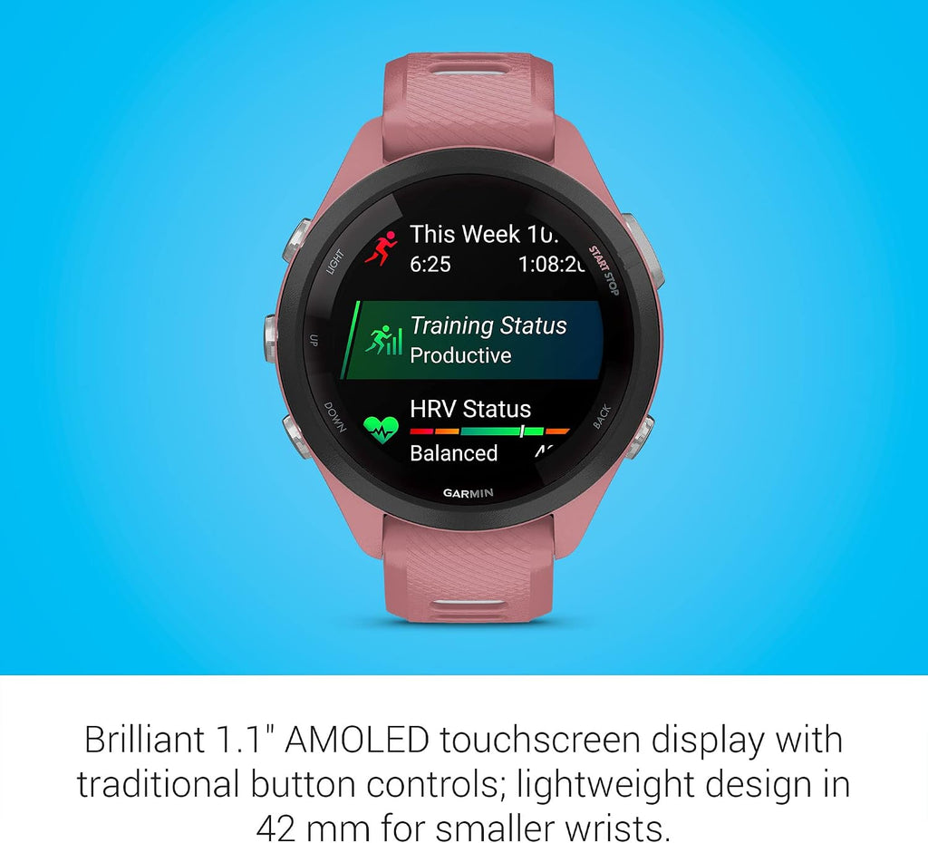 Garmin Forerunner® 265S, Running Smartwatch, 42mm, Light Pink/Powder Gray | Advanced Training Metrics & Recovery Insights, Music On Your Wrist, Garmin Coach, Daily Suggested Workouts