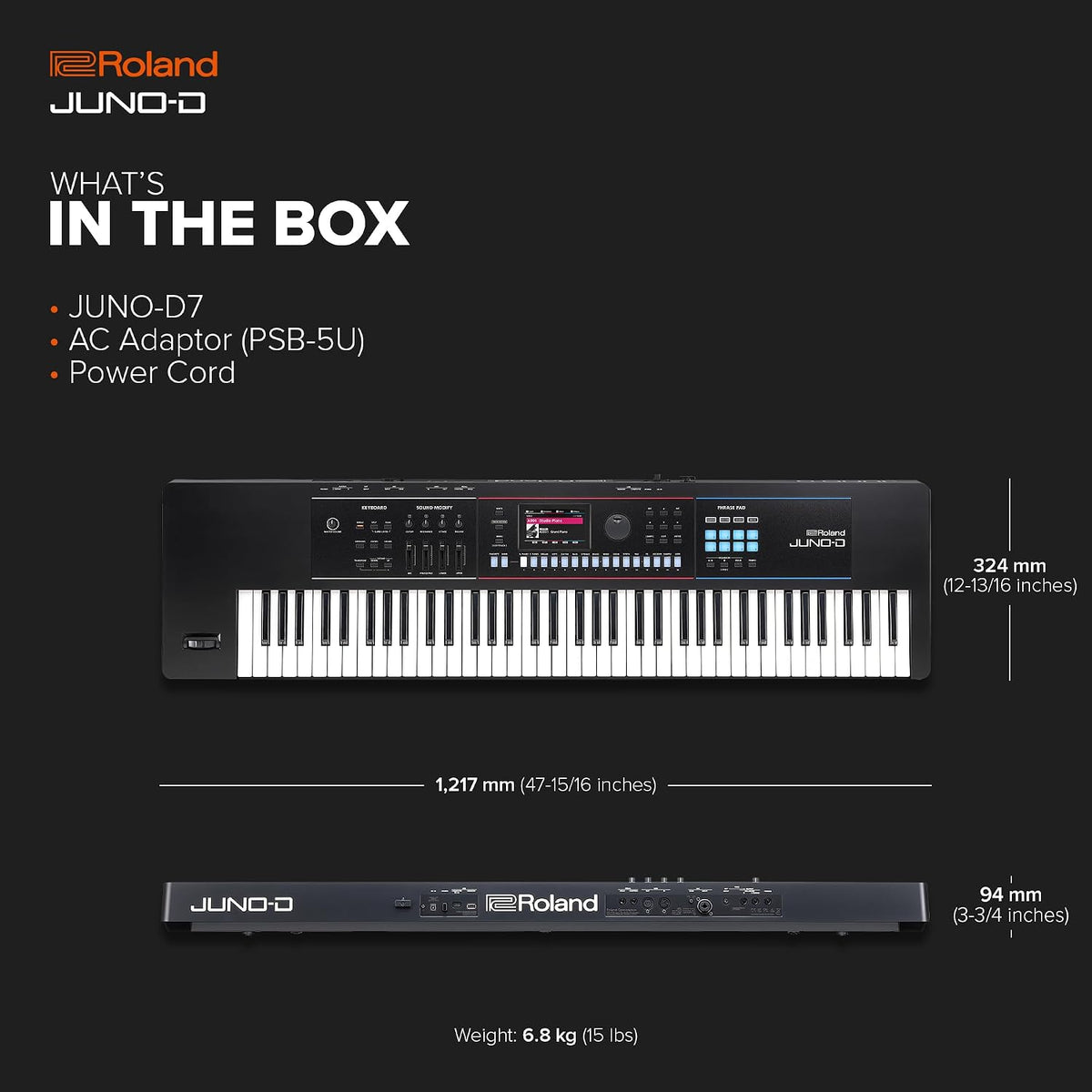 Roland JUNO-D7 Synthesizer | 76-Note Keyboard with Synth Action | ZEN-Core Engine with Over 3800 Onboard Sounds | Intuitive Creative Tools | USB-C Audio/MIDI Interface for Mobile & Computers