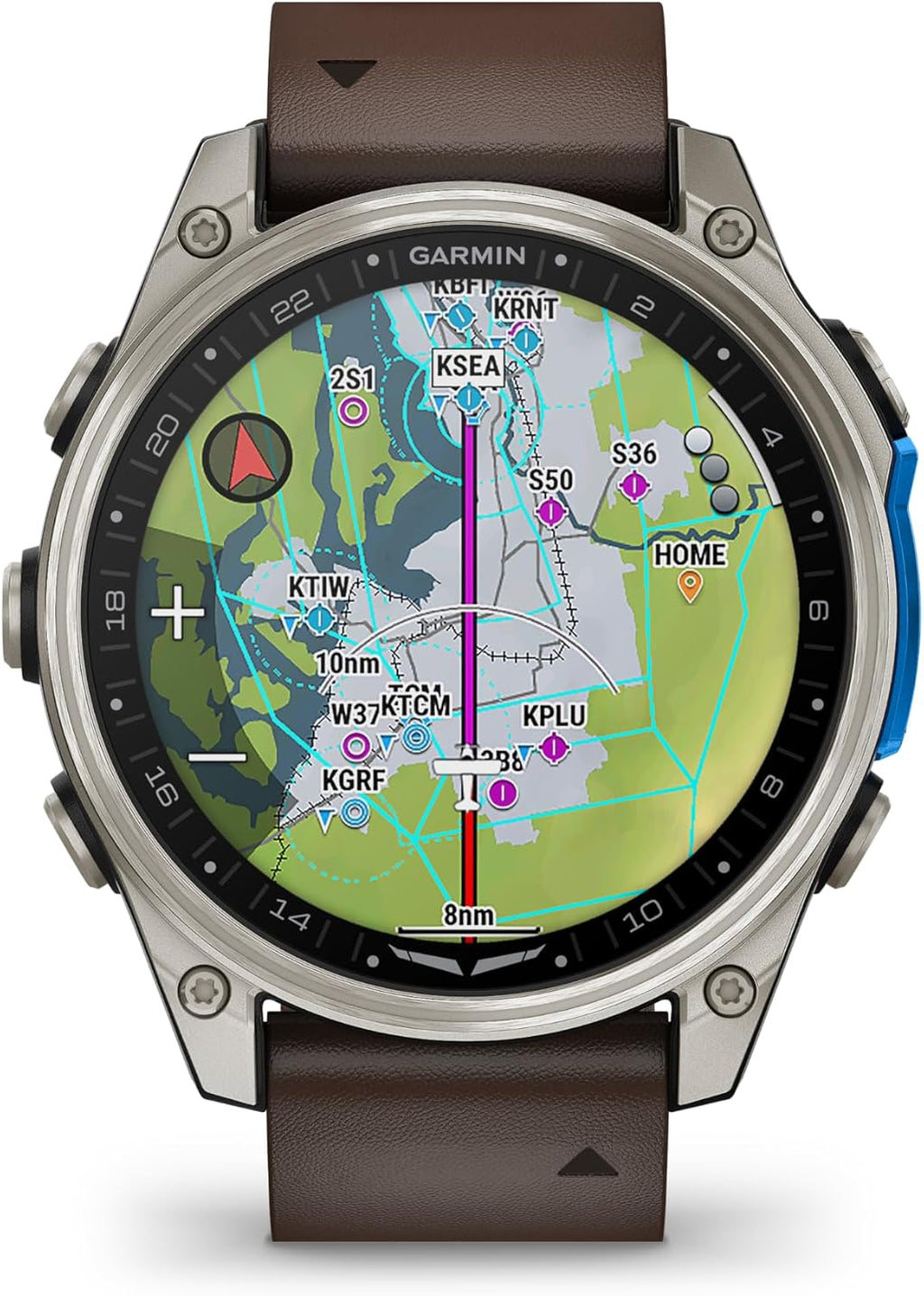 Garmin D2™ Mach 2 – 47 mm, Premium Aviator Smartwatch with GPS, Advanced Flight Maps, LED Flashlight, Built-in Microphone/Speaker for Calls and Texts, Titanium with Oxford Brown Leather Band