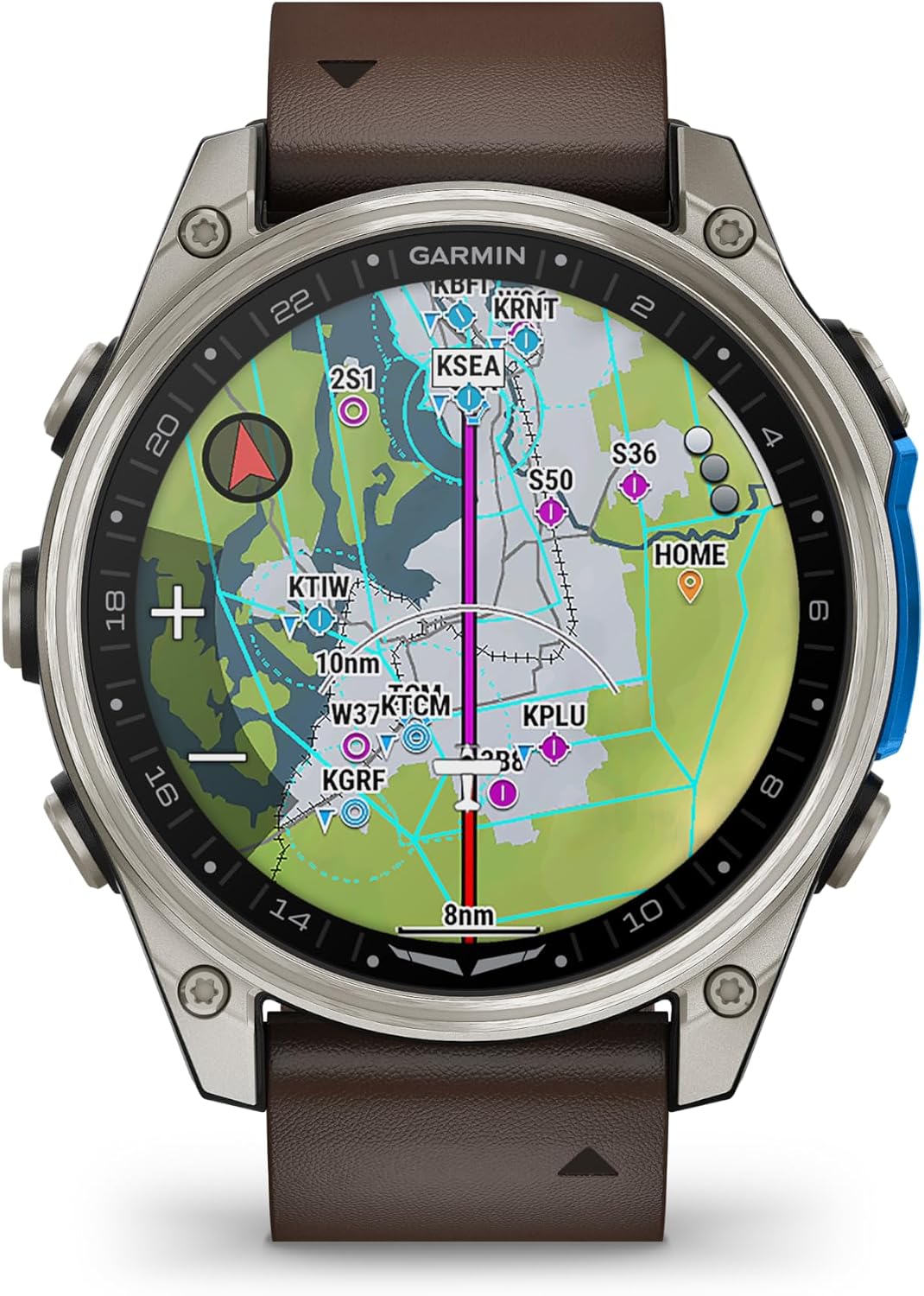 Garmin D2™ Mach 2 – 47 mm, Premium Aviator Smartwatch with GPS, Advanced Flight Maps, LED Flashlight, Built-in Microphone/Speaker for Calls and Texts, Titanium with Oxford Brown Leather Band