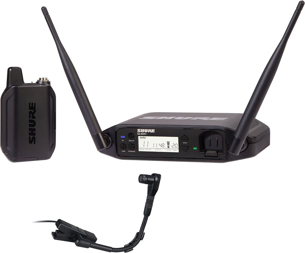 Shure GLXD14+/B98 Dual Band Digital Wireless Microphone System for Brass, Woodwinds, Percussion - 12-Hour Battery Life, 100 ft Range | Clip-on Instrument Mic, Single Channel Receiver (GLXD14+/B98-Z3)