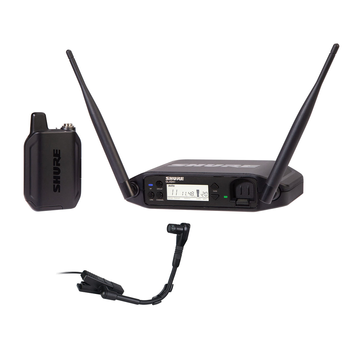 Shure GLXD14R+/B98 Dual Band Digital Wireless Microphone System for Brass, Woodwinds, Percussion - 12-Hour Battery Life, 100 ft Range, Clip-on Instrument Mic, Single Channel Rack Mount Receiver