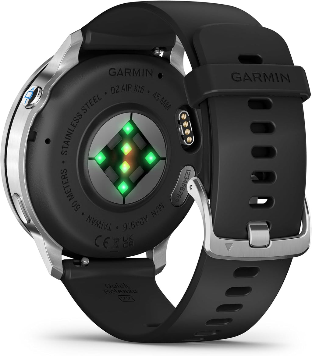 Garmin D2™ Air X15, Versatile Aviator Smartwatch with GPS, LED Flashlight, Health and Fitness Features, Aviation Weather, Built-in Microphone/Speaker, Silver with Black Silicone Band