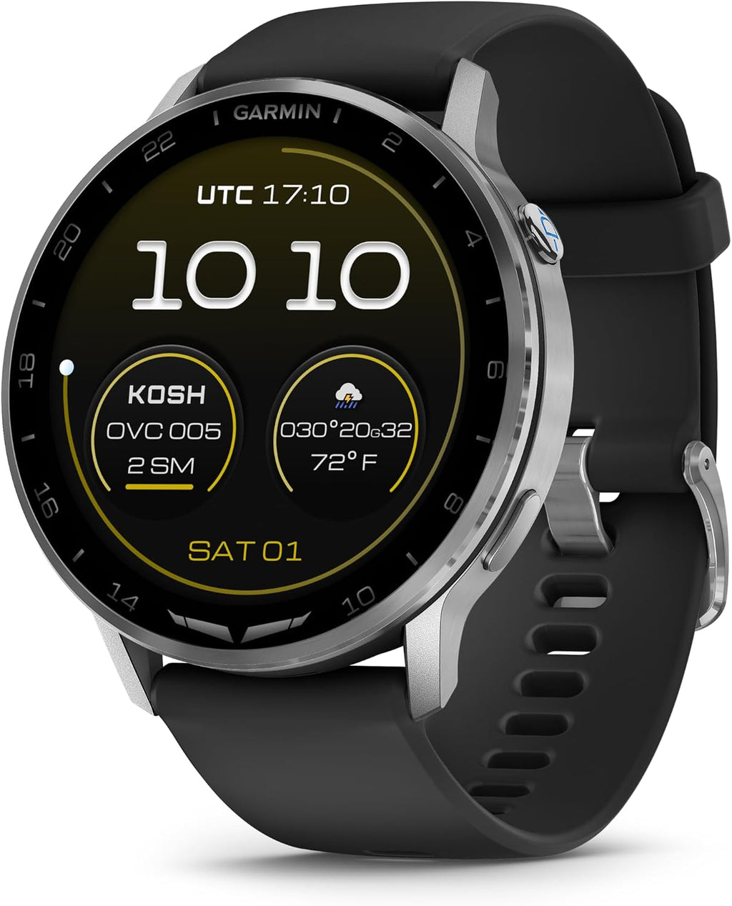 Garmin D2™ Air X15, Versatile Aviator Smartwatch with GPS, LED Flashlight, Health and Fitness Features, Aviation Weather, Built-in Microphone/Speaker, Silver with Black Silicone Band