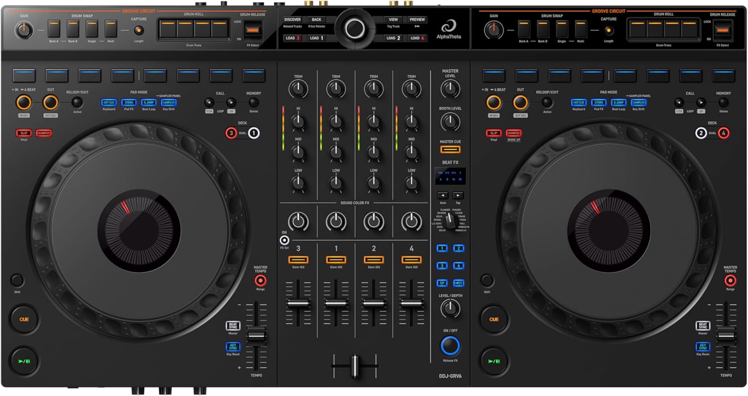 AlphaTheta DDJ‑GRV6 4‑Channel DJ Controller — Groove Circuit Live Remixing, Club‑Standard Layout, Full‑Size Jog Wheels, rekordbox & Serato DJ Pro Compatible