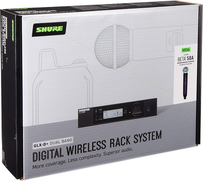 Shure GLXD24R+/B58 Dual Band Pro Digital Wireless Microphone System - 12-Hour Battery Life, 100 ft Range | BETA 58A Handheld Vocal Mic, Single Channel Rack Mount Receiver (GLXD24R+/B58-Z3)