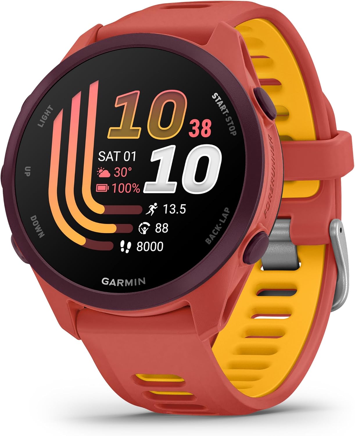 Garmin Forerunner® 170 Music, 43mm, Red Pink/Mango | GPS Running Smartwatch, Music On Your Wrist, Pace & Distance, Daily Suggested Workouts, Garmin Coach, Adaptive Training Plans