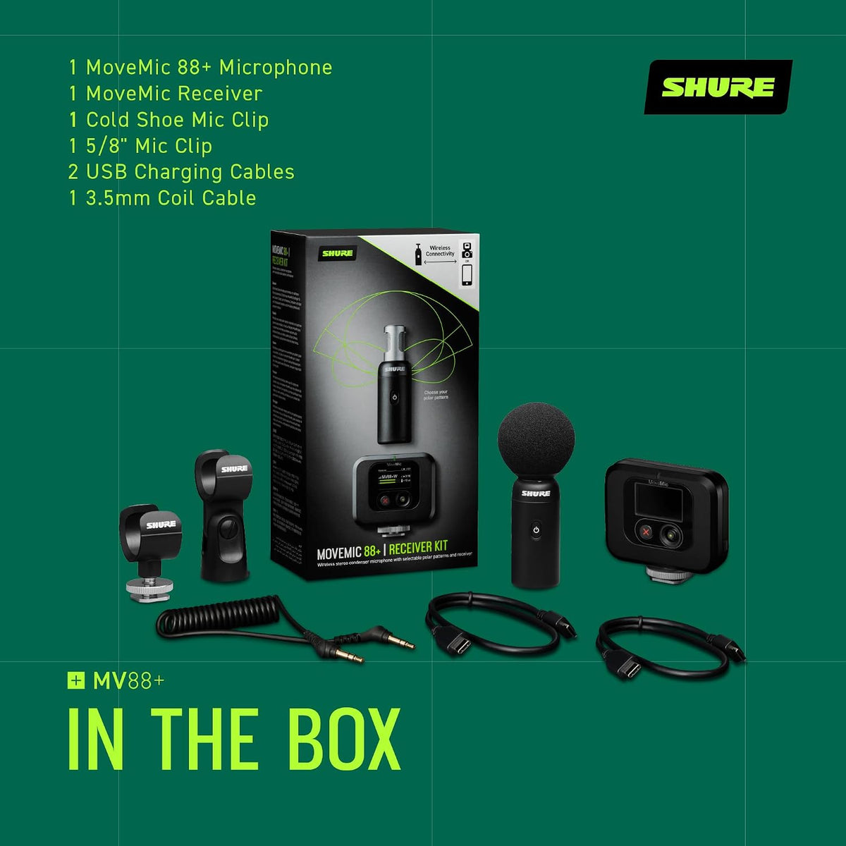 Shure MoveMic 88+ Wireless Video Microphone Kit for iPhone, Android & Cameras - Stereo Condenser Mic with 4 Polar Patterns, DSP Audio Controls & MoveMic Receiver, Black