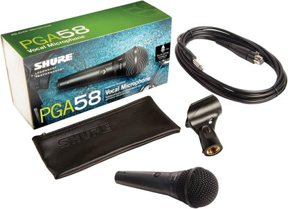 Shure PGA58 Dynamic Microphone - Handheld Mic for Vocals with Cardioid Pick-up Pattern, Discrete On/Off Switch, 3-pin XLR Connector, 15' XLR-to-QTR Cable, Stand Adapter and Zipper Pouch (PGA58-QTR)