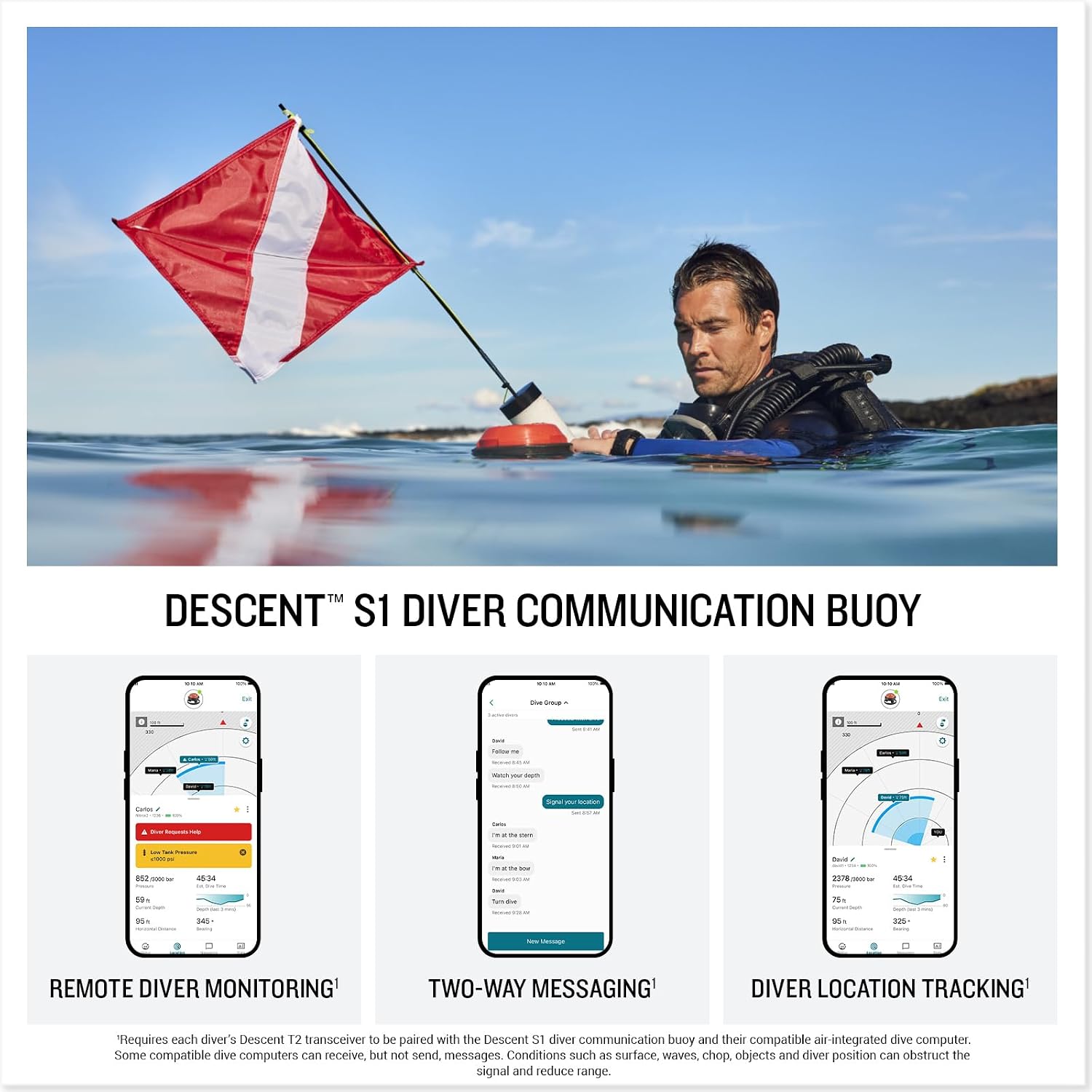 Garmin Descent™ S1 Buoy, Diver Communication & Monitoring | SubWave™ Sonar Messaging, Remote Diver Monitoring, Two-Way Messaging, Diver Location Tracking, Post-Dive Review