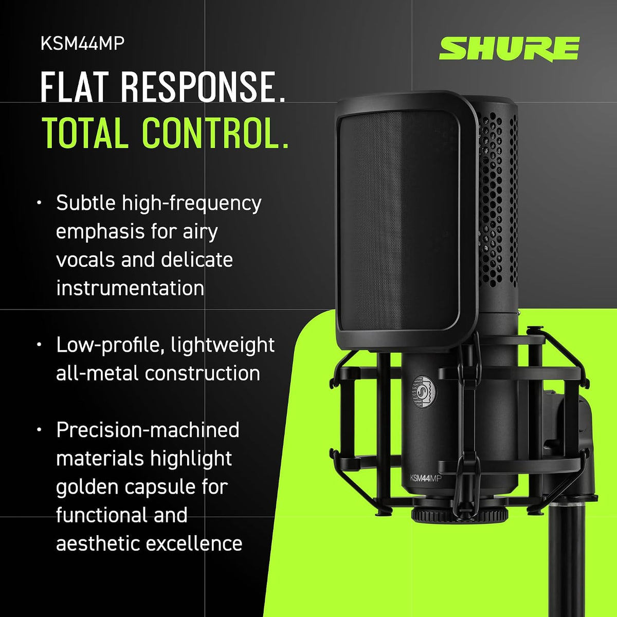 Shure KSM44MP Large Diaphragm Multi-Pattern Microphone - 1” Capsule, Selectable Patterns, Flat Response, Low Self-Noise, Includes Shock Mount & Pop Filter