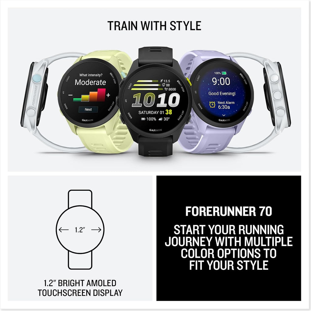 Garmin Forerunner® 70, 43mm, Whitestone | Beginner-Level Running Smartwatch, Pace, Distance and Heart Rate, Daily Suggested Workouts, Adaptive Training Plans
