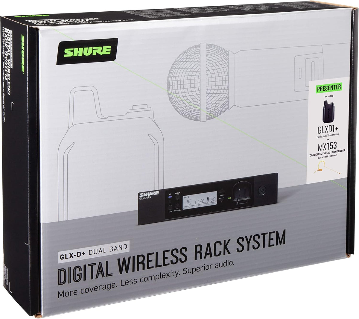 Shure GLXD14R+/MX53 Dual Band Pro Digital Wireless Microphone System - 12-Hour Battery Life, 100 ft Range | MX153 Headset Mic, Single Channel Rack Mount Receiver (GLXD14R+/MX53-Z3)