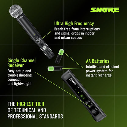 Shure BLX24/SM58 Handheld Wireless Audio System J11 Band (596–620 MHz) – BLX4 Receiver, BLX2 Transmitter with SM58 Dynamic Mic, Up to 14 Hr Battery, 300 ft Range