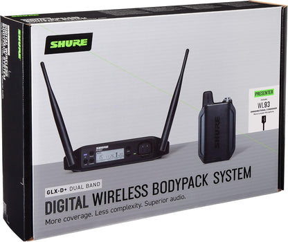 Shure GLXD14+/93 Dual Band Pro Digital Wireless Microphone System for Interviews, Presenting, Theater - 12-Hour Battery Life, 100 ft Range | WL93 Lavalier Mic, Single Channel Receiver (GLXD14+/93-Z3)
