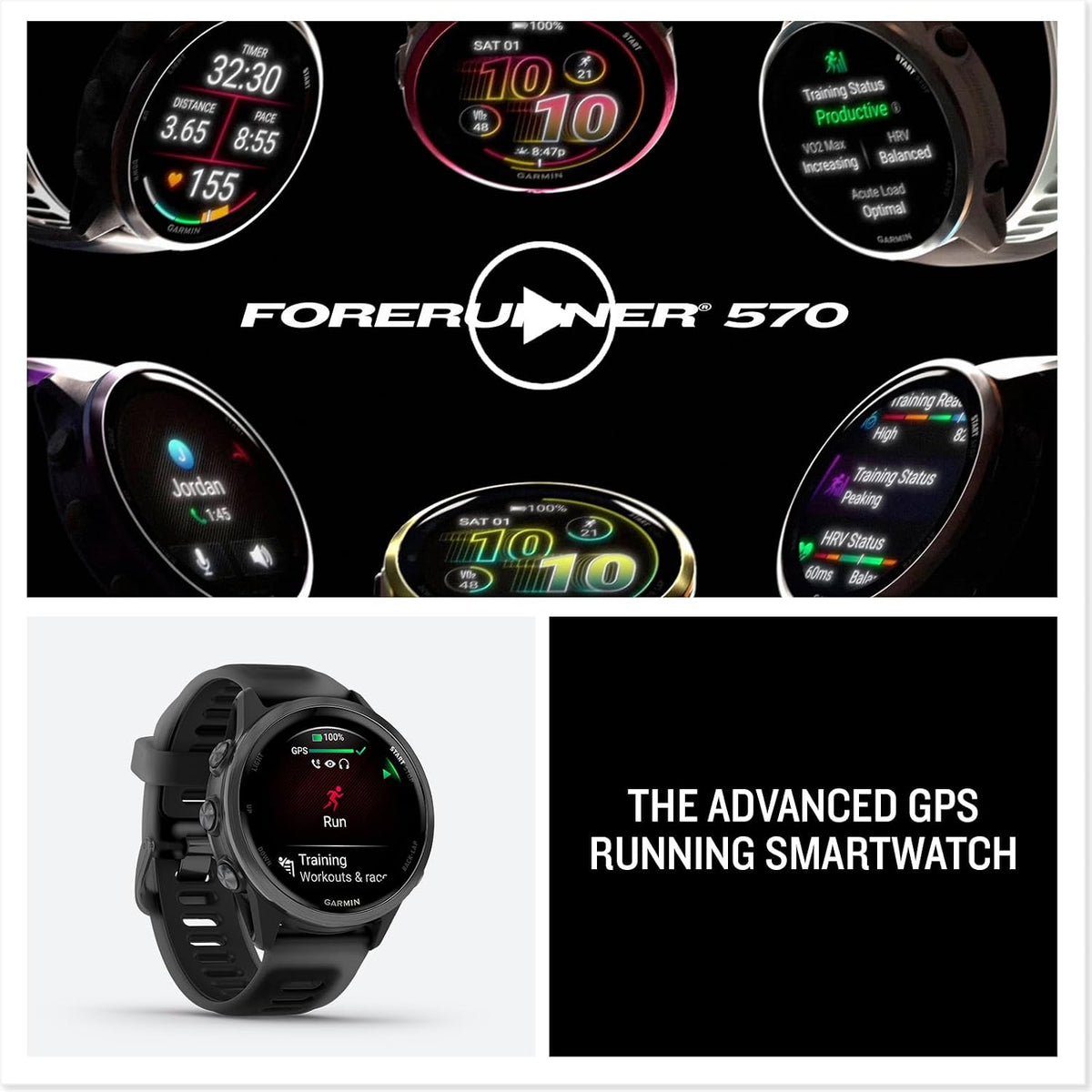 Garmin Forerunner® 570, 42mm, Aluminum, Black | Smaller-Sized Advanced GPS Running & Triathlon Smartwatch, AMOLED Display, Training & Recovery Features