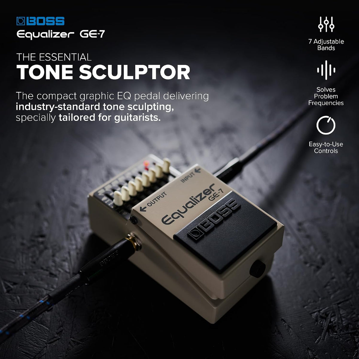 BOSS GE-7 Equalizer | Compact Graphic Equalizer Pedal | Tailored for Guitarists | 7 Bands of EQ Sliders | Guitar-Optimized Frequencies | ±15dB Boost/Cut Per Band | Level Slider for Volume Adjustments