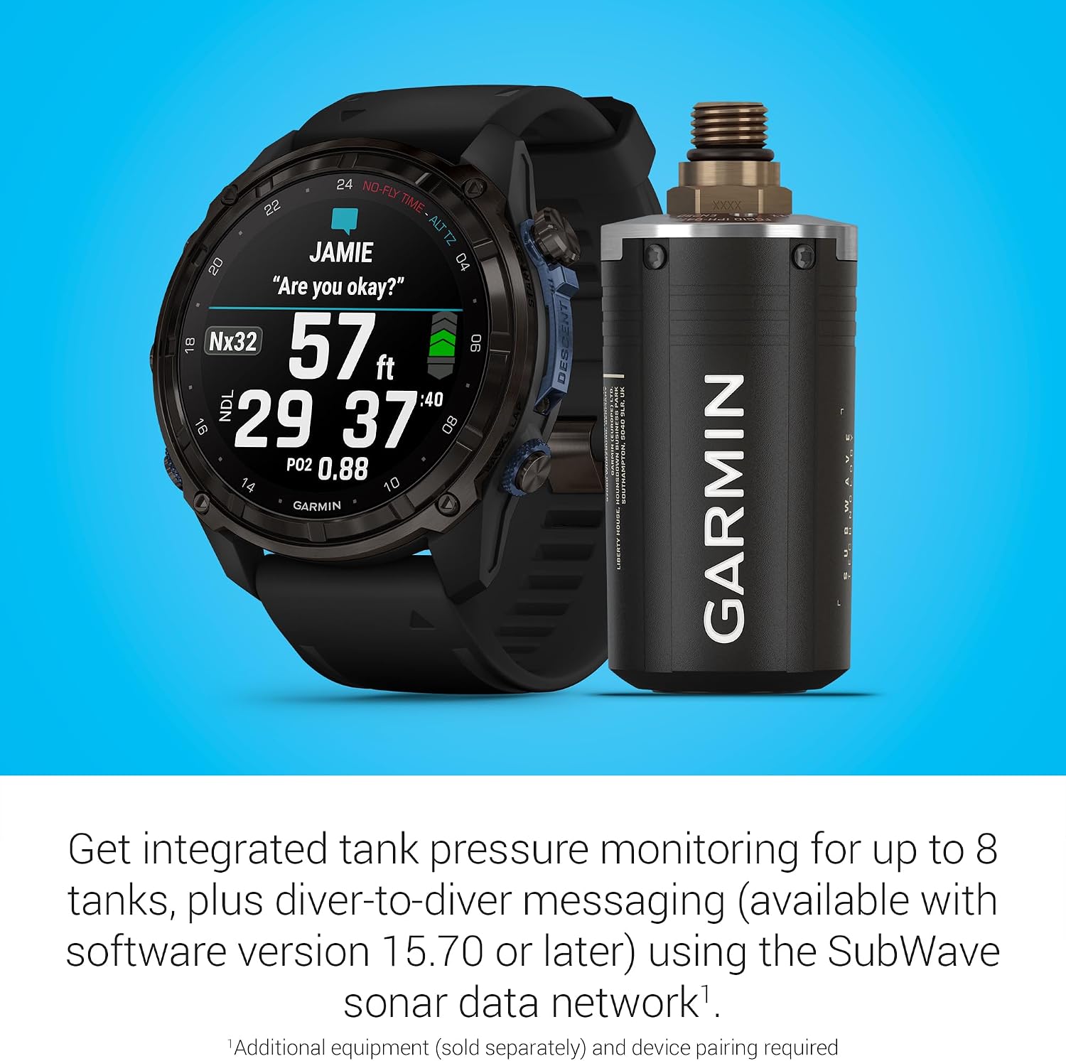 Garmin Descent™ T2 Transceiver, Subwave™ Wireless Communication | Monitor Up to 8 Tanks When Under Water, Pair with Your Compatible Air-Integrated Descent™ Dive Computer (Sold Separately)