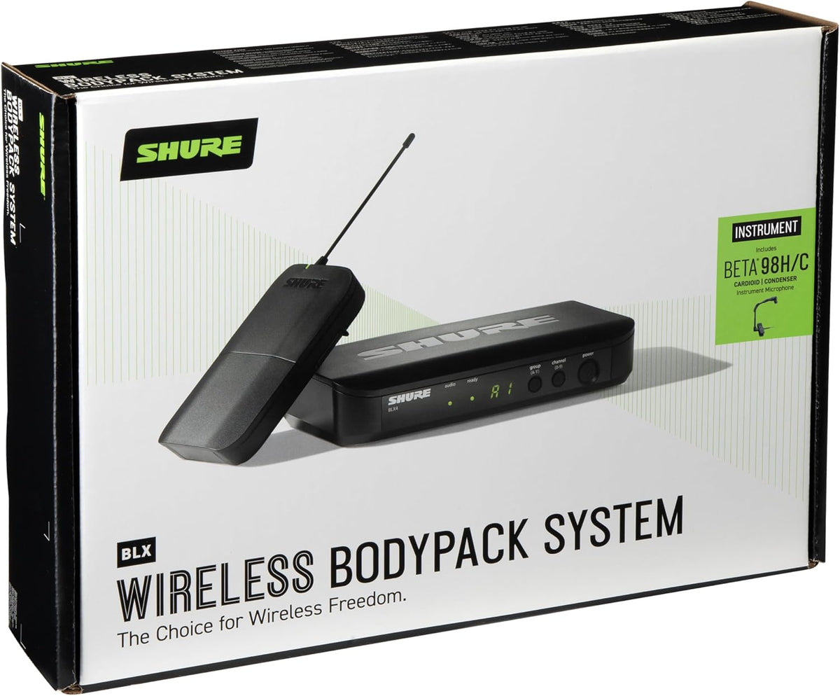 Shure BLX14/B98 Instrument Audio System H11 Band (572–596 MHz) – BLX4 Receiver, BLX1 Bodypack & BETA 98H/C Clip-On Mic for Brass, Woodwinds & Percussion, Up to 14 Hr Battery, 300 ft Range