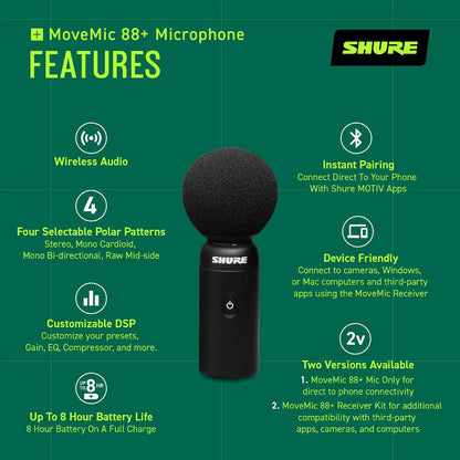 Shure MoveMic 88+ Wireless Stereo Microphone for iPhone & Android - Portable Video Recording Mic with 4 Polar Patterns, DSP Audio Controls & Direct-to-Phone Connectivity, Black