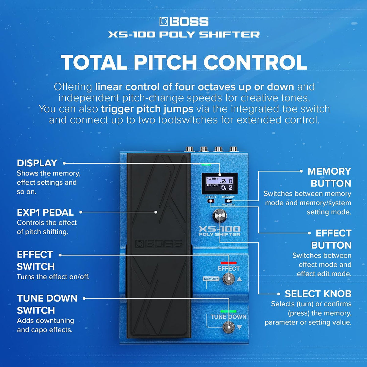 BOSS XS-100 Poly Shifter | Advanced Pitch Shifting Workstation | Class-Leading Sound | Total Pitch Control for Guitar/Bass Across 8 Octaves | Onboard Pedal & Display | 30 Memories for Saving Setups