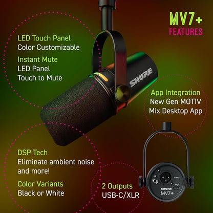 Shure MV7+ USB-C & XLR Podcast Dynamic Microphone - Black