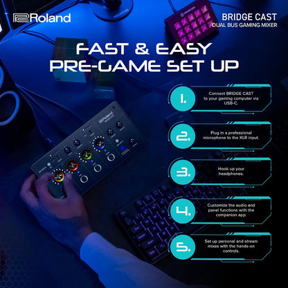 Roland BRIDGE CAST Dual Bus Gaming Mixer | Pro Audio Streaming Interface and Mixer for Online Gamers | 32-Bit Hardware DSP | USB-C Windows & Mac Connectivity | XLR Input for Mics | Black