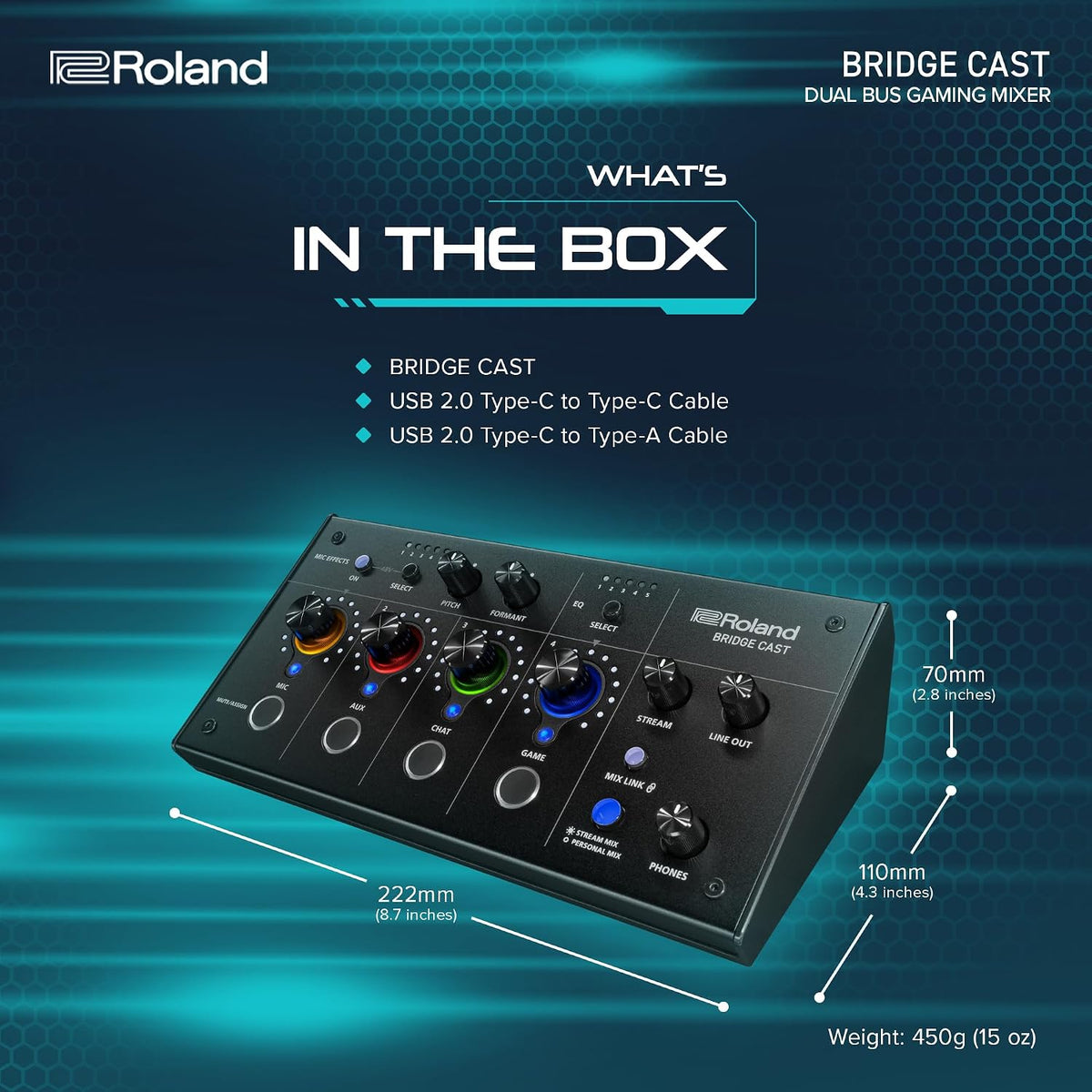 Roland BRIDGE CAST Dual Bus Gaming Mixer | Pro Audio Streaming Interface and Mixer for Online Gamers | 32-Bit Hardware DSP | USB-C Windows & Mac Connectivity | XLR Input for Mics | Black