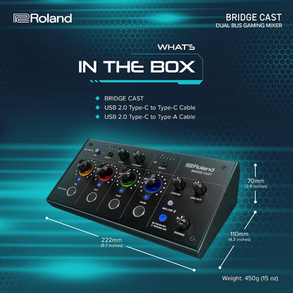 Roland BRIDGE CAST Dual Bus Gaming Mixer | Pro Audio Streaming Interface and Mixer for Online Gamers | 32-Bit Hardware DSP | USB-C Windows & Mac Connectivity | XLR Input for Mics | Black