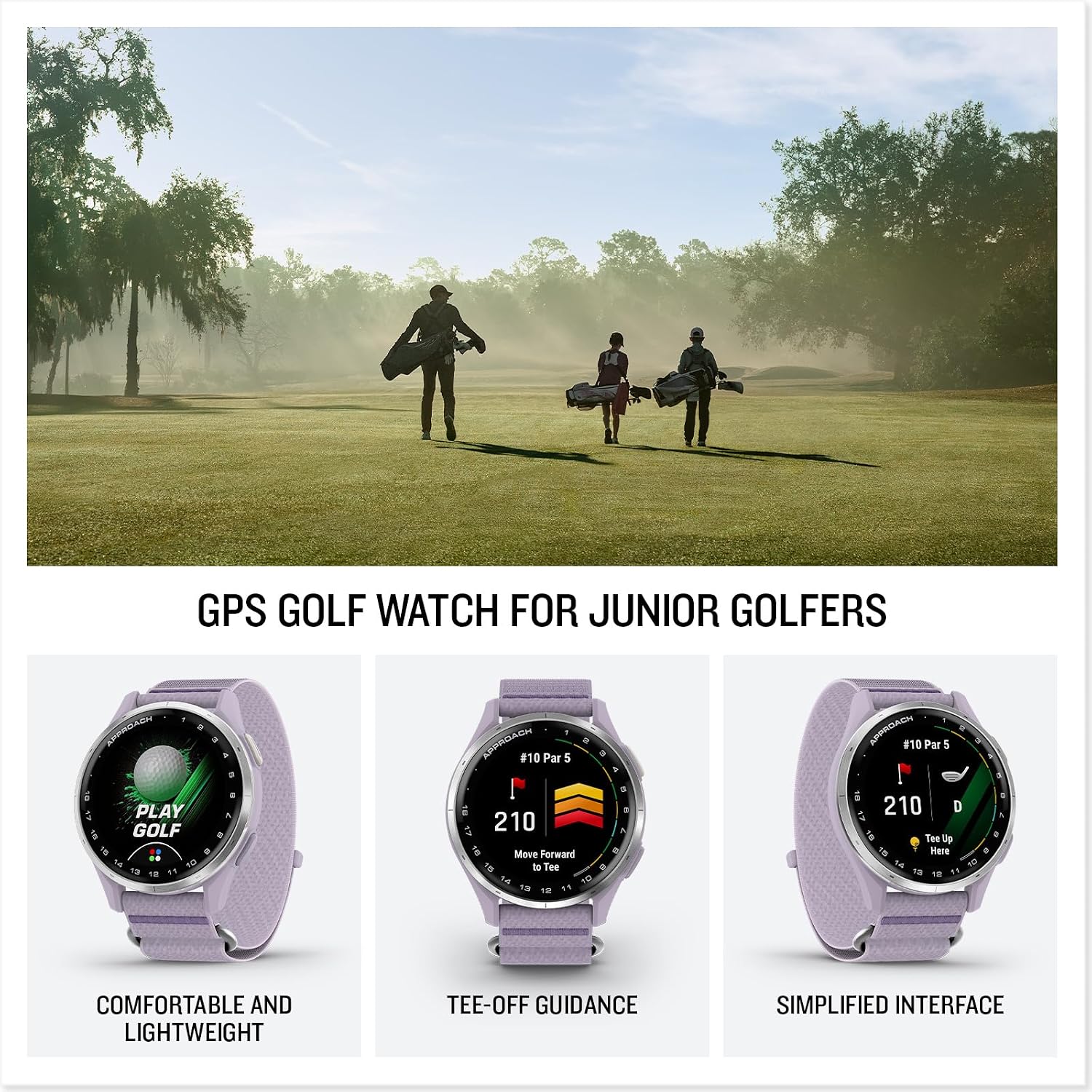 Garmin Approach® J1, Junior Golf Watch with GPS, 43mm, Lilac | Lightweight GPS Golf Watch Built for Junior Golfers, Simplified Interface, Tee-Off Guidance, Pace-of-Play Timer