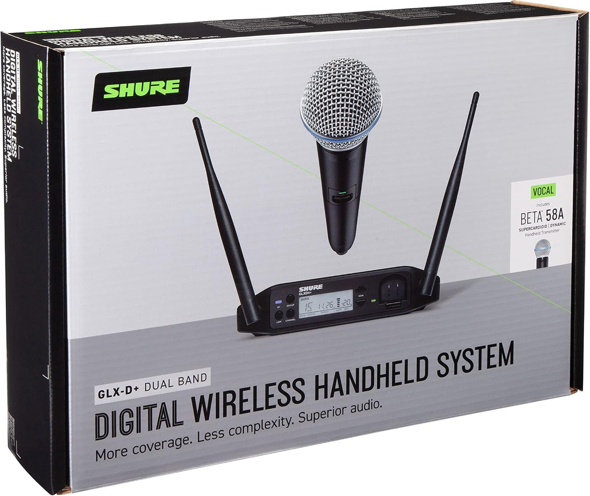 Shure GLXD24+/B58 Dual Band Pro Digital Wireless Microphone System - 12-Hour Battery Life, 100 ft Range | BETA 58A Handheld Vocal Mic, Single Channel Receiver (GLXD24+/B58-Z3)