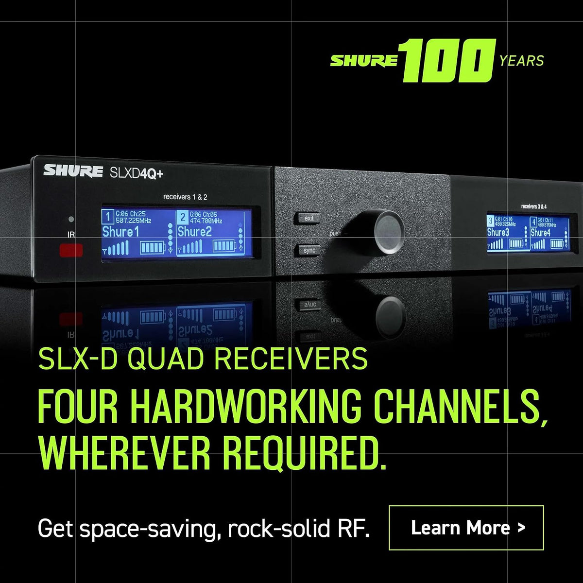 Shure SLX-D Digital Wireless Quad Receiver with Dante - 24-Bit Audio, 138MHz Wide Tuning Range, Space-Saving Design for 4 Channels (SLXD4QDAN+=-G57)