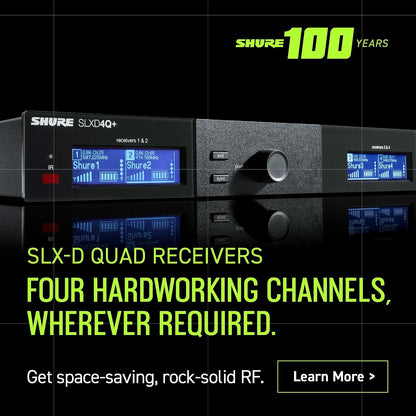 Shure SLX-D Digital Wireless Quad Receiver with Dante - 24-Bit Audio, 138MHz Wide Tuning Range, Space-Saving Design for 4 Channels (SLXD4QDAN+=-G57)