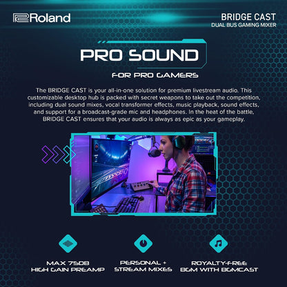 Roland BRIDGE CAST Dual Bus Gaming Mixer | Pro Audio Streaming Interface and Mixer for Online Gamers | 32-Bit Hardware DSP | USB-C Windows & Mac Connectivity | XLR Input for Mics | Black