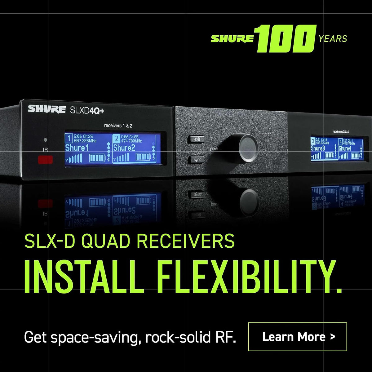 Shure SLX-D Digital Wireless Quad Receiver with Dante - 24-Bit Audio, 138MHz Wide Tuning Range, Space-Saving Design for 4 Channels (SLXD4QDAN+=-G57)