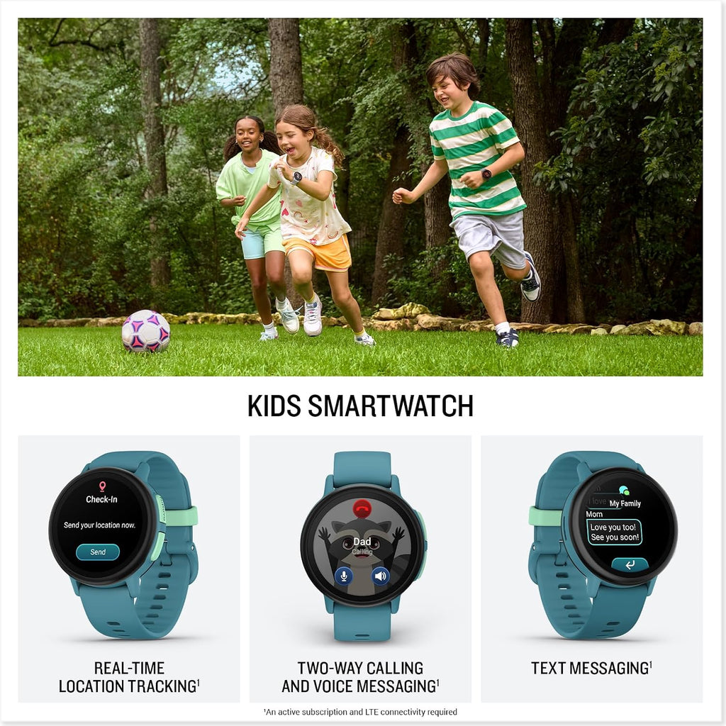 Garmin Bounce™ 2, Kids Smartwatch, Calling & Texting, 43mm, Turquoise | Two-Way Calling, Voice Messaging, Text Messaging, Real-Time Location Tracking, Active Subsciption Required for LTE Features