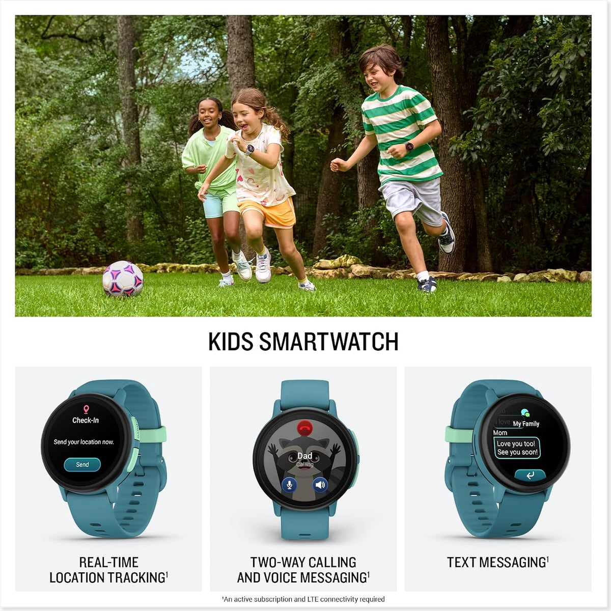Garmin Bounce™ 2, Kids Smartwatch, Calling & Texting, 43mm, Turquoise | Two-Way Calling, Voice Messaging, Text Messaging, Real-Time Location Tracking, Active Subsciption Required for LTE Features