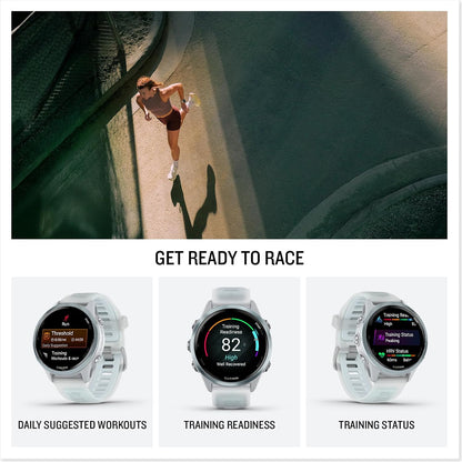 Garmin Forerunner® 570, 42mm, Aluminum, Whitestone/Cloud Blue | Smaller-Sized Advanced GPS Running & Triathlon Smartwatch, AMOLED Display, Training & Recovery Features