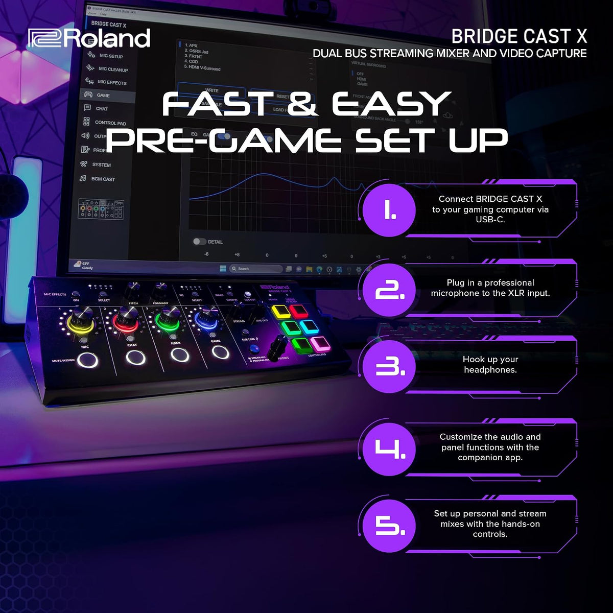 Roland BRIDGE CAST X Dual Bus Gaming Mixer & Video Capture | Pro Audio Streaming Interface for Online Gamers & More | 32-Bit Hardware DSP | USB-C Windows and Mac Connectivity | XLR Mic Support