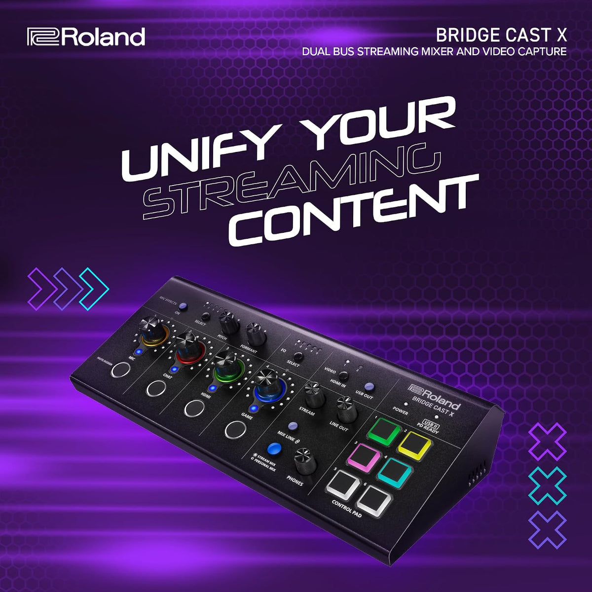 Roland BRIDGE CAST X Dual Bus Gaming Mixer & Video Capture | Pro Audio Streaming Interface for Online Gamers & More | 32-Bit Hardware DSP | USB-C Windows and Mac Connectivity | XLR Mic Support